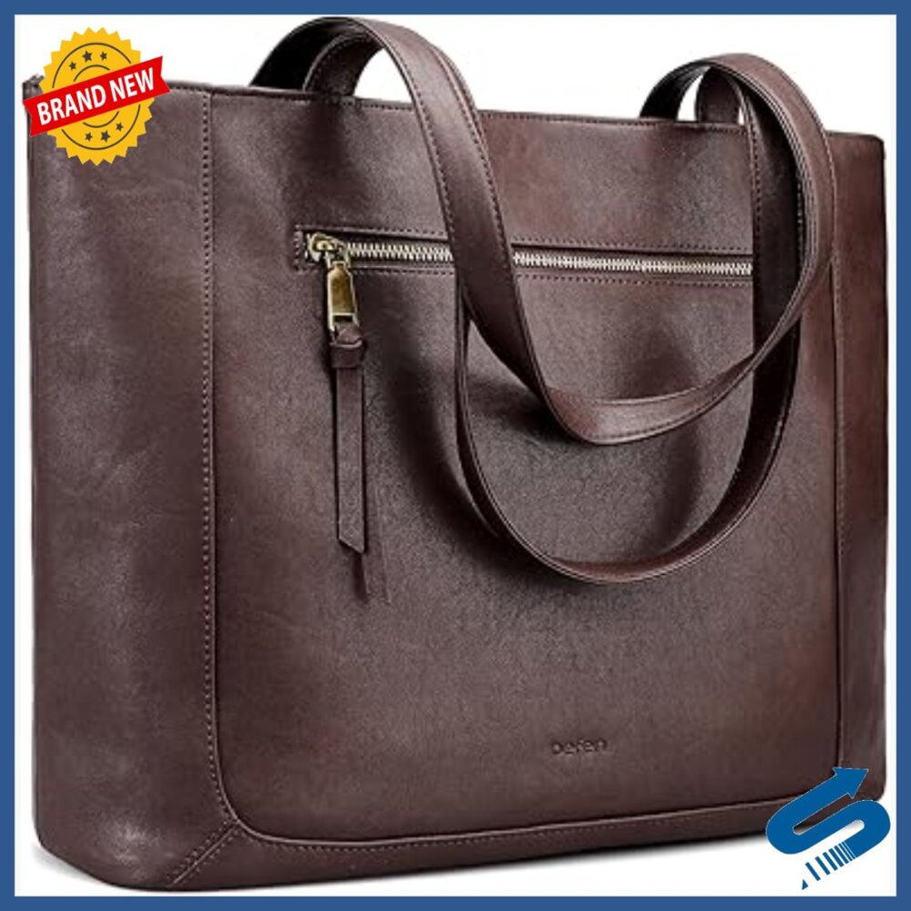 Genuine Leather Tote Bag with Laptop Compartment, Zipper Closure
